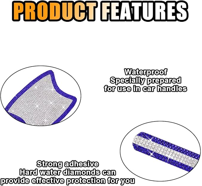 10PCS Bling Car Door Handle Anti-Scratch Sticker, Universal Car Doors Handles Protective Cover, Shiny Rhinestone Auto Decor Accessories for Women (Blue&White)