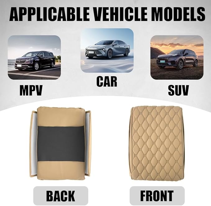 Upgraded Car Center Console Cover, Armrest Cover for Car, Waterproof Leather Auto Armrest Cover Protector with 2 Pocket, Comfortable Arm Rest Box Cushion Pad for Vehicles, Trucks (Beige)