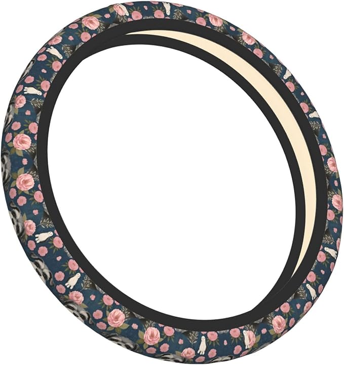 Schnauzer Dog and Vintage Florals Universal Fit Steering Wheel Cover for Car, Truck, and SUV, Durable Steering Wheel Protection