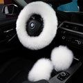 3Pcs Set Fashion Fluffy Fuzzy Wool Fur Soft Car Steering Wheel Cover with Handbrake Cover & Gear Shift Cover for Women/Girls/Ladies Auto Long Wool Accessories, White