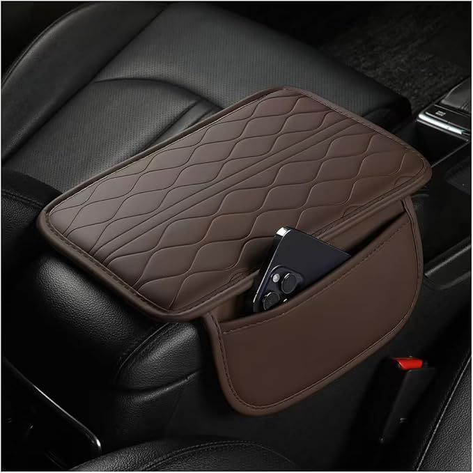 HZEL Car Center Console Cover, Scratch & Wear Resistant Soft Leather Vehicle Armrest Seat Box Cushion Pad with 2 Storage Bag, Waterproof Automotive Interior Protector, Universal Fit (Coffee)