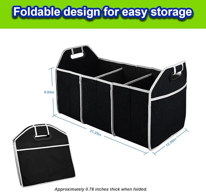 Car Trunk Organizer, Portable Foldable Waterproof Auto Storage Bag with 3 Compartments, Collapsible Cargo Trunk Groceries Organizer, Car Accessories Universal for SUV, Truck, Van, Sedan (Black2)