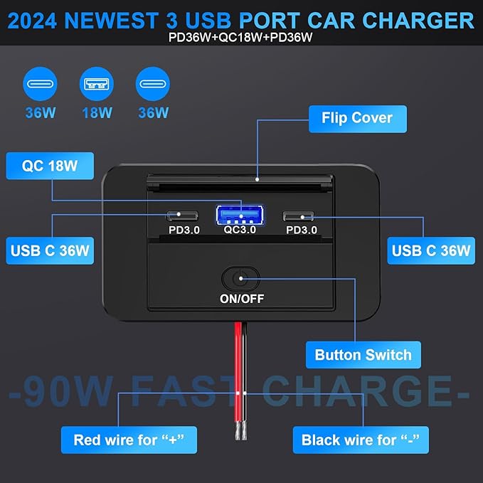 3 Ports 12V RV USB Outlet 90W, Dual PD3.0 Type-C Quick Charge 72W & USB QC3.0 18W Panel Wall Mount, Automotive Car Socket Charger Adapter for RV Marine Boat Bus ATV Motorcycle Truck