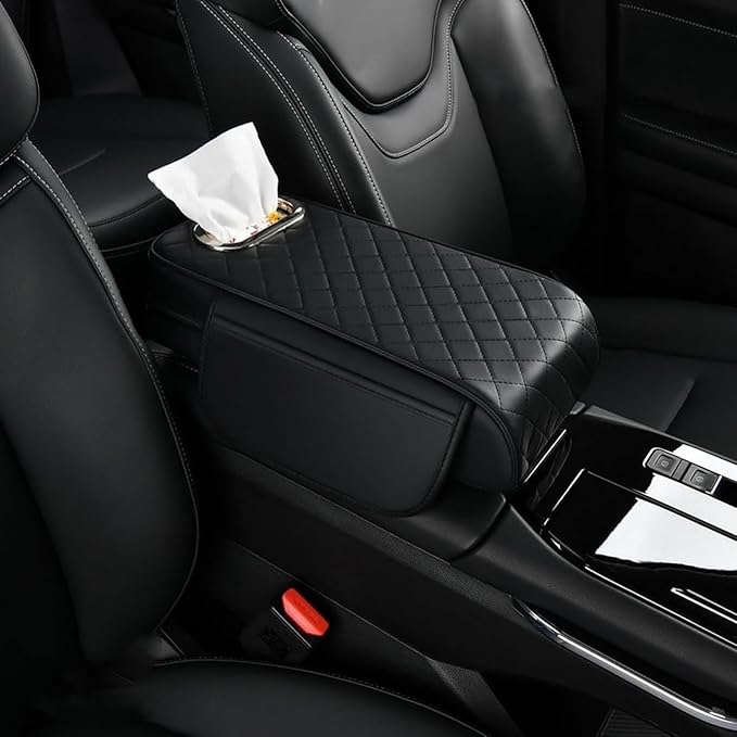 Car Arm Rest Cover Pad for Ford Maverick 2022 2023 2024, Leather Memory Foam Center Console Cushion with 2 Storage Bags and a Tissue Box Universal Car Interior Accessories,A/Black