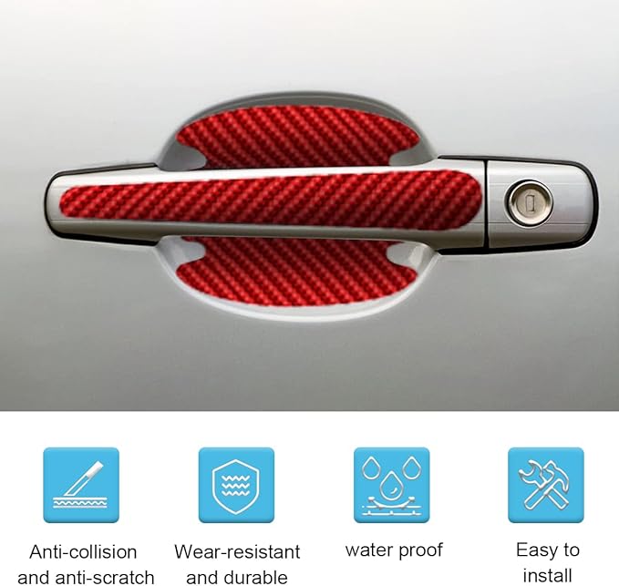 8PCS Car Door Handle Scratch Protectors, Carbon Fiber Car Door Handle Bowl Sticker, Universal Auto Doors Handles Paint Guard Cover, Doors Handles Cup Protective Film for Cars (Red)