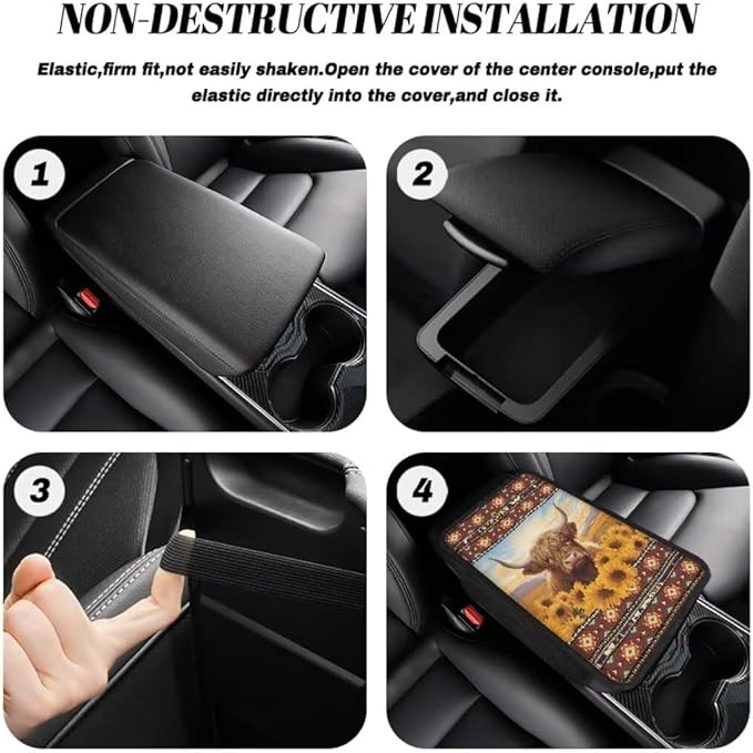 Boatee Highland Cow Sunflower Center Console Cover for Car Arm Rest Mat Armrest Pad for Car Console Organizer Auto Console Cushion Pad Arm Rest Box Pad Car Interior Protcetor Stylish Decor Brown