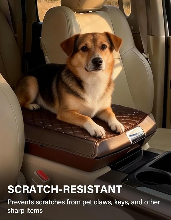 Center Console Armrest Cover for 2009-2018 Dodge Ram 1500 2500 3500 Accessories, Vinyl Leather Middle Console Cover, Anti-Scratch, Brown (Fits Bucket Seat Console Only)