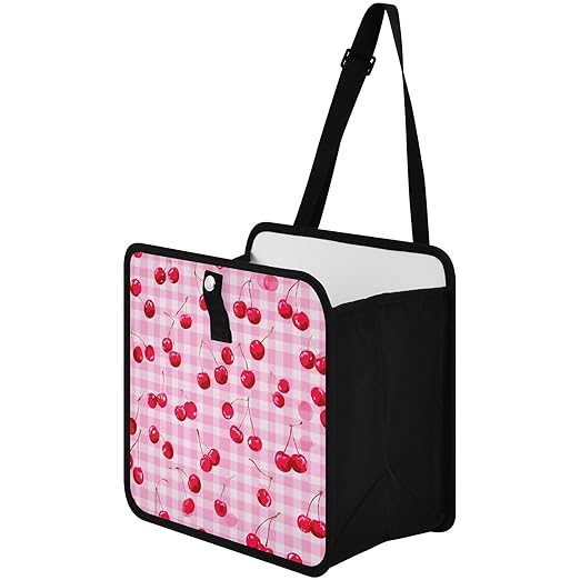 Car Trash Can Organizer Bin with Adjustable Strap for Back Front Seat Console Waterproof Leakproof Collapsible Portable 8.66 Inch Pink Juicy Checkered Cherry