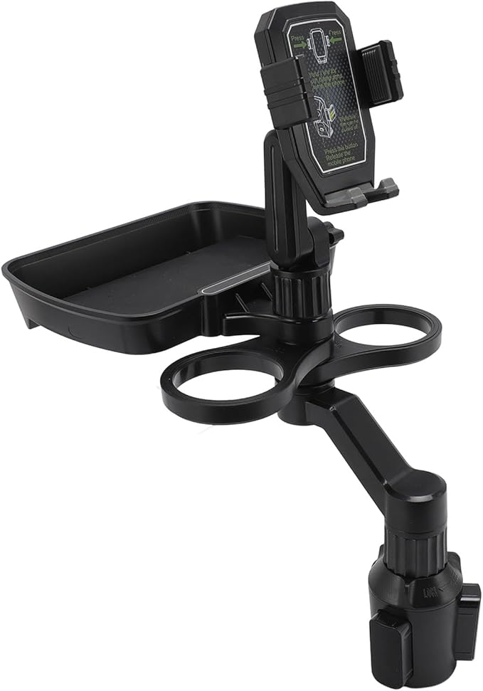 Car Cup Holder Expander Tray, 360° Rotatable Detachable Car Food Table Tray with Phone Mount, Dual Cup Holder Expander with Adjustable Base