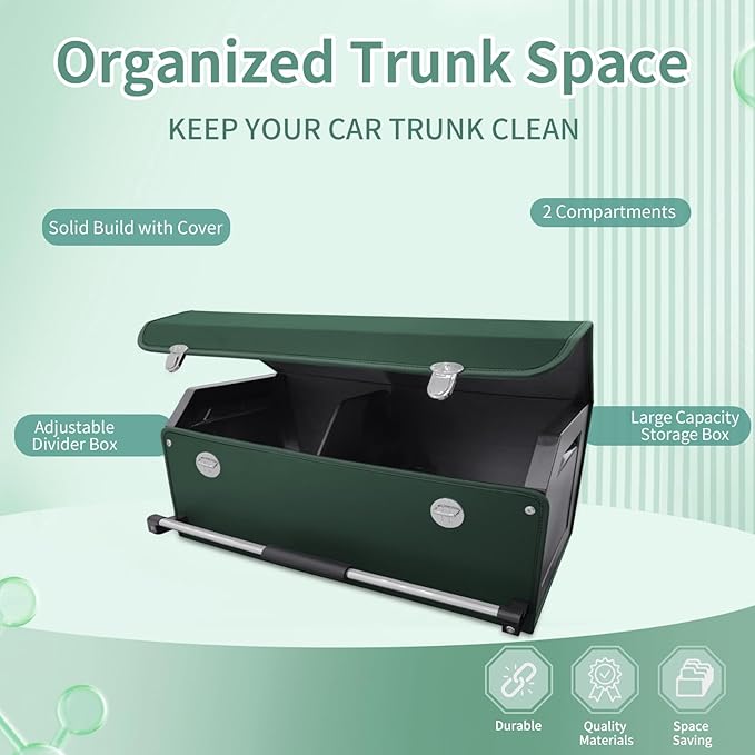 XCF Car Trunk Organizer, Leather Trunk Organizer with Lid and Push-pull Handle Car Trunk Storage Box for SUV, Minivan, Truck, Sedan (Green, 27.1 x 11.4 x 12.2in)