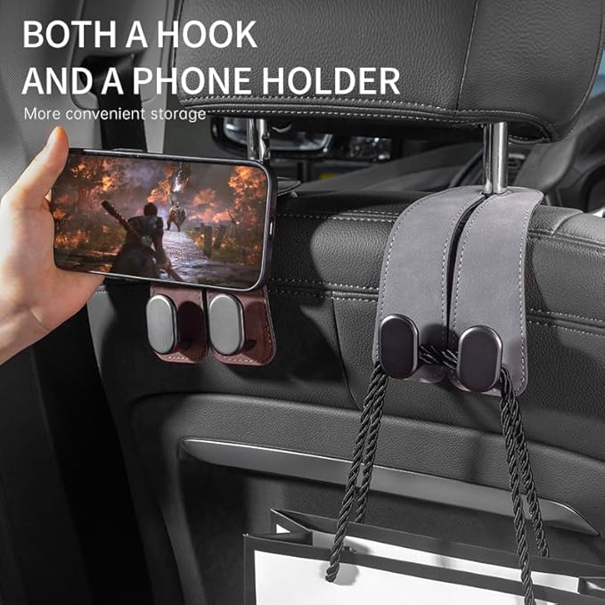 FEELIORX 2PCS Car hooks for headrests, Multifunctional luxury leather and magnesium alloy car seat backrests hooks and storage functions, (brown)