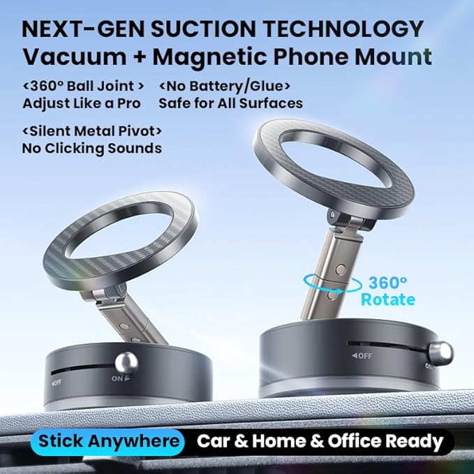 BISART Vacuum Magnetic Car Phone Holder – 360° Rotatable, Reinforced 96LBS Suction Cup Mount Compatible with MagSafe for iPhone & Android, Portable for Car, Gym & Mirror (A7-Silvery)