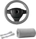 Kewucn Genuine Leather Steering Wheel Cover, 15" Universal Car Steering Wheel Protector with Needle Thread, Breathable Anti-Slip Steering Wheel Cover DIY Stitch on Wrap (Gray, Full Hole)