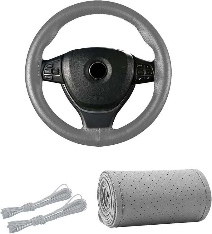 Kewucn Genuine Leather Steering Wheel Cover, 15" Universal Car Steering Wheel Protector with Needle Thread, Breathable Anti-Slip Steering Wheel Cover DIY Stitch on Wrap (Gray, Full Hole)