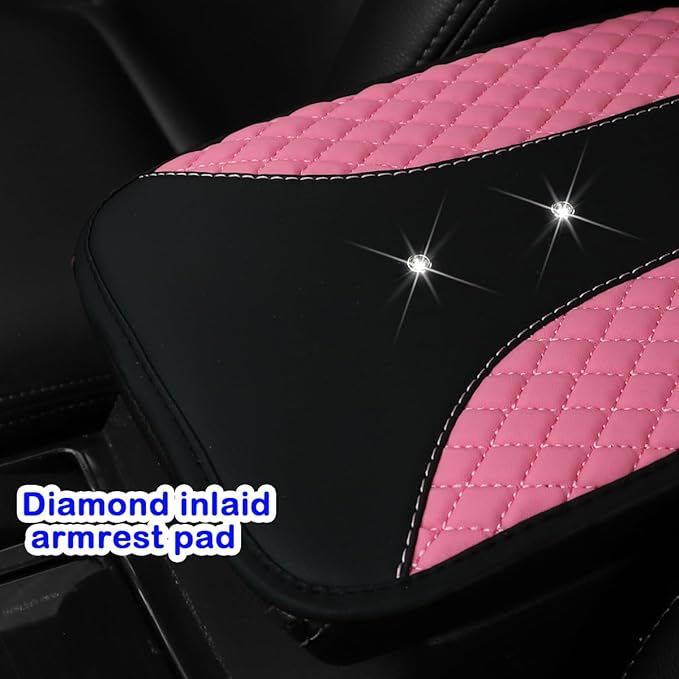 Mandark Bling Leather Car Center Console Cover, Crystal Rhinestone Vehicle Armrest Seat Box Protector, Waterproof Non-Slip Auto Arm Rest Decor Cushion, Universal for SUV, Truck, RV（Pink）