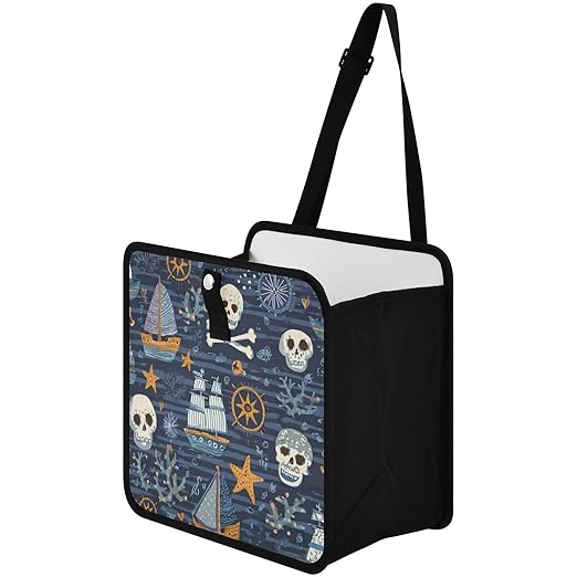 Car Trash Can Organizer Bin with Adjustable Strap for Back Front Seat Console Waterproof Leakproof Collapsible Portable 11 Inch Blue Pirate Skulls Sailboats Starfish and Compass