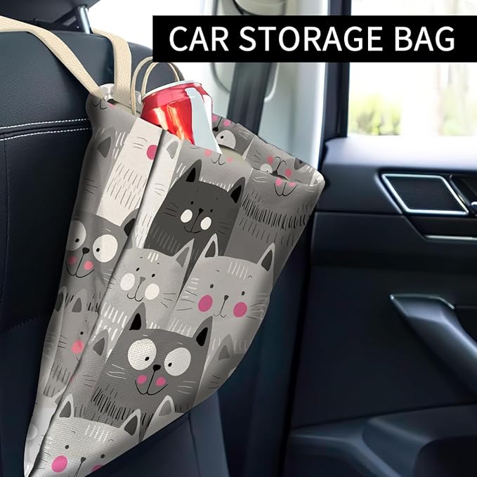 ABUIFDK Cute Car Trash Bag, Hanging Car Organizer and Storage Bag, Trash Bin for Vehicle, Travelling, Camping - Cute Grey Cats