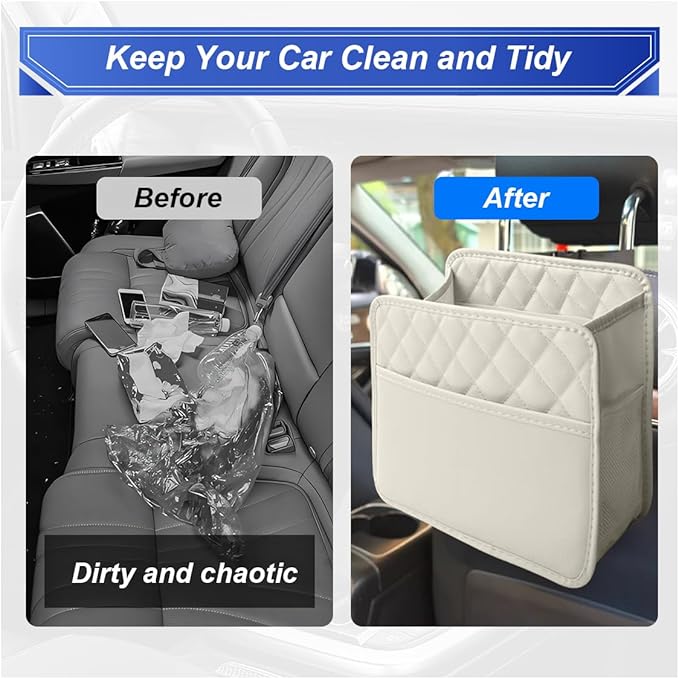 Car Back Seat Organizer, Waterproof Leather Automotive Backseat Hanging Bag with Cup Holders, Large Capacity Car Trash Can, Vehicle Travel Accessories for Most Vehicles (1PC/Beige)