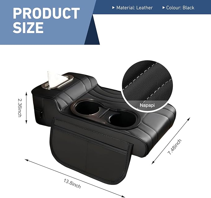 Car Armrest Cushion, Leather Center Console Cover Protector, Multifunctional Storage Pad with Dual Cup Holder, Tissue Box & Side Card Slot, Universal for Most Cars (Black)
