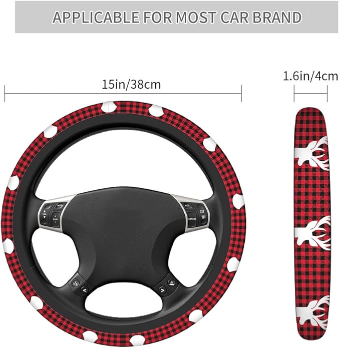 Swono Woodland Deer Non-Slip Steering Wheel Cover Christmas Deer Red Checkered Buffalo Plaid Neoprene Car Steering Wheel Covers Grip Automotive Steering Wheel Protector Auto Car Wrap Cover 15 Inch