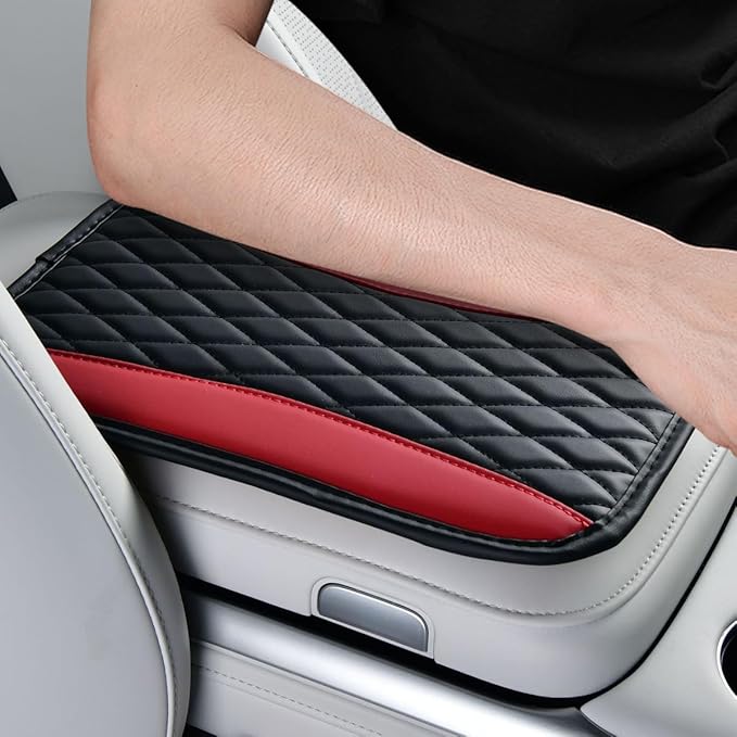Car Center Console Cover, PU Leather Waterproof Vehicle Armrest Seat Box Protector, Automotive Interior Arm Rest Cushion Protection Accessories, Universal for SUV Sedan Truck (Black/Red)