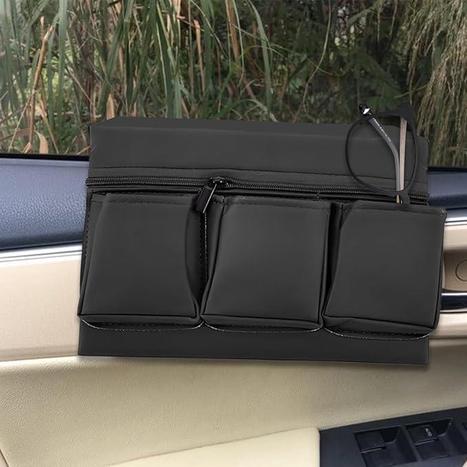Mandark Car Window Armrest Storage Box, Leather Vehicle Side Door Organizer with Multiple Pockets, Comfortable Automotive Arm Elbow Rest Pad Bag Accessories, Universal for Most Cars (Black)