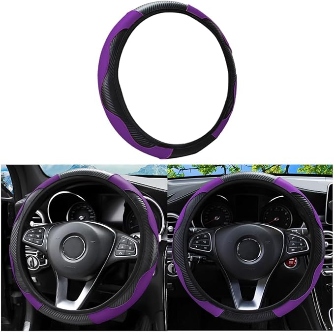 Car Steering Wheel Cover, Universal Microfiber PU Leather Elastic 15 inch Stitching Color Anti-Slip Steering Wheel Protector, Car Interior Protection Accessories for Men Women (Black/Purple)