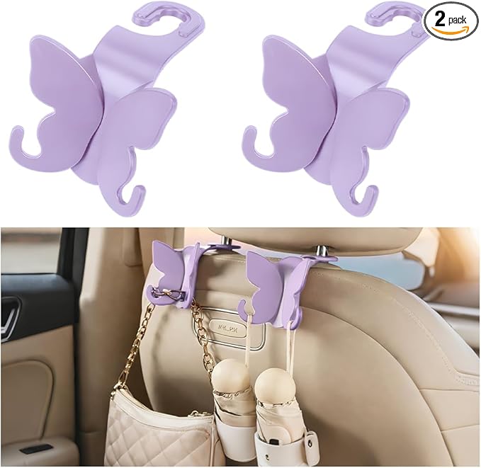 2PCS Car Seat Headrest Hook, Cute Butterfly Backseat Storage Hanger Organizer for Purse Handbag Umbrella, Auto Interior Seat Back Hook Holder Decor, Universal for SUV Truck Van (Purple)
