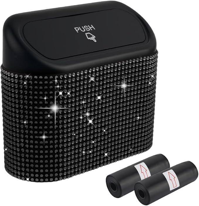 Car Trash Can with Lid & Rhinestones Design,Push-on Car Trash Bin for Storing Trashes Items & Cars Decor Includes 30PCS Trashes Bag,Shiny Cars Garbage Can with Back Clip for Side Door (Black Diamond)