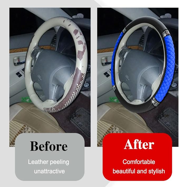 Bling Soft Leather Steering Wheel Cover, Anti-Slip Car Steering Wheel Protector, 15 Inch Rhinestones Soft Leather Elastic Steering Wheel Protector for Women Girls, Car Accessories for Most Cars