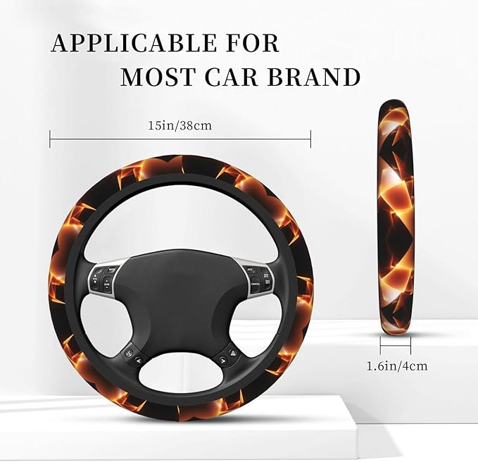 Black Orange Fire Geometric Universal Fit Steering Wheel Cover for Car, Truck, and SUV, Durable Steering Wheel Protection