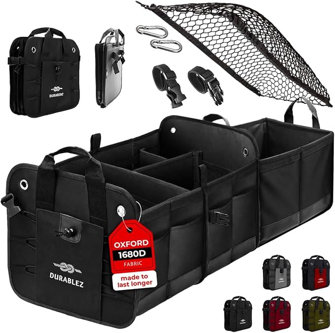 DURABLEZ 3-Section Car Trunk Organizer XL – Large Modular Auto Storage Bin, Foldable Multi-Compartment Cargo Organizer for Car Trunk, Heavy Duty 1680D Design – Black