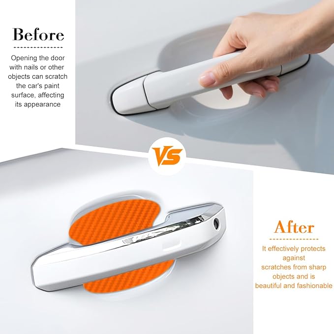 Car Door Handle Cup Scratch Protector, 4PCS 3D Carbon Fiber Vehicle Handle Bowl Sticker, Automotive Exterior Door Cup Protection Decal, Universal for SUV Caravan Automobile (Orange)