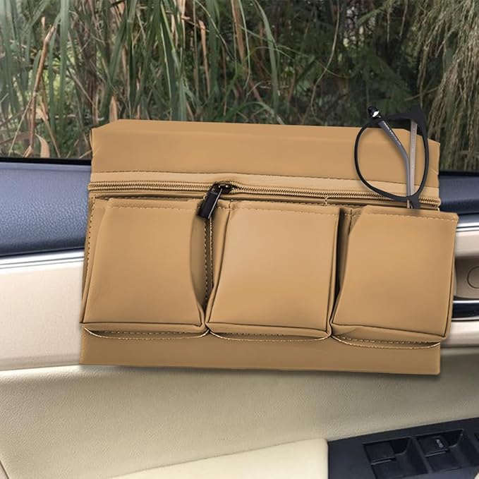 Mandark Car Window Armrest Storage Box, Leather Vehicle Side Door Organizer with Multiple Pockets, Comfortable Automotive Arm Elbow Rest Pad Bag Accessories, Universal for Most Cars (Beige)