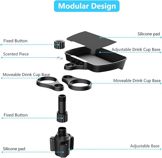 Car Cup Holder Expander Tray, 360° Rotatable Detachable Car Food Table Tray with Phone Mount, Dual Cup Holder Expander with Adjustable Base