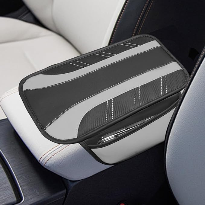 Car Center Console Cover, Soft Leather Sporty Armrest Protector Cushion with 2 Storage Pockets, Comfortable Auto Interior Middle Console Arm Rest Box Pad, Universal for Vehicles (Gray)