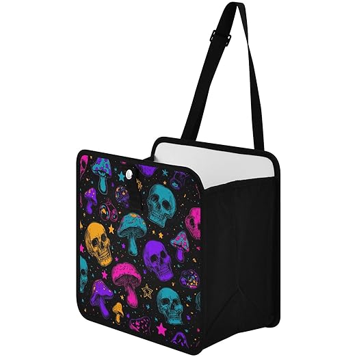 Car Trash Can Organizer Bin with Adjustable Strap for Back Front Seat Console Waterproof Leakproof Collapsible Portable 8.66 Inch Neon-colored Skulls Stars Mushrooms