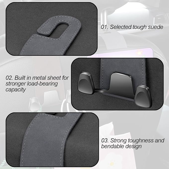 Car Seat Headrest Hook, 2PCS Leather & Metal Double Hook Vehicle Back Seat Hanger Holder for Phone Handbag Purse, Automobile Storage Organizer, Universal for Van Truck Sedan (Grey)