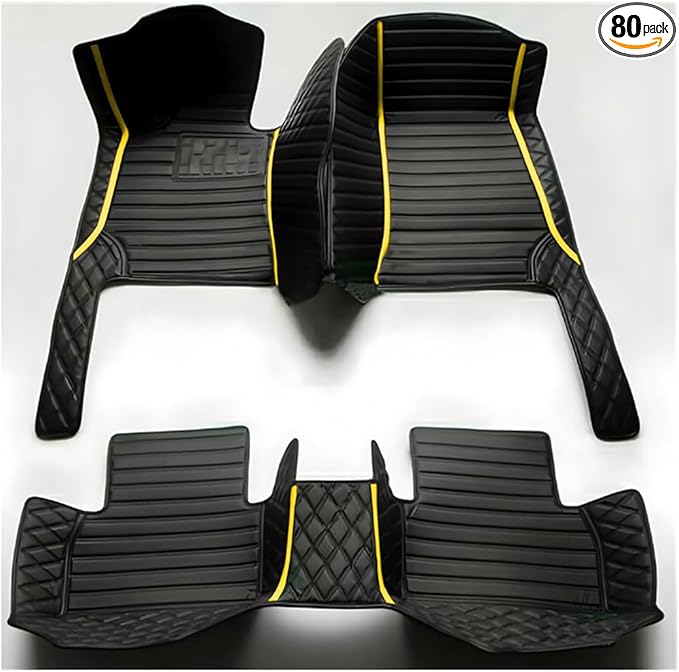 TREGOO All Weather Car Mats Custom Fit Non Slip Floor Mats for 1998-2025 Cars Personalized Leather Protection Pads Suitable for Men Women (Black Double Panel with Yellow Stripe)