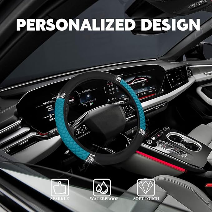 Car Steering Wheel Cover, Steering Wheel Accessories, Breathable Microfiber Leather Auto Wheels Protector, Universal 15 Inch Anti-Slip Protector for SUV Sedan Truck (Bling-Blue)