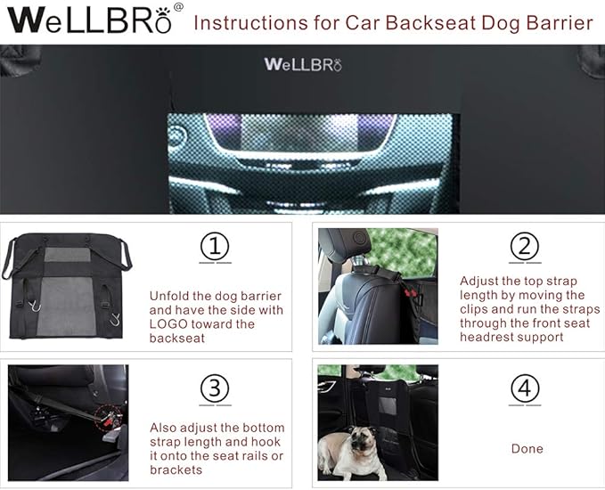 Wellbro Dog Car Backseat Barrier, Padded and Durable Nylon Net Pet Barrier, Vehicle Travel Dog Fence with 2 Mesh Windows, for Safe Driving, Easy to Install and Adjust for All Cars