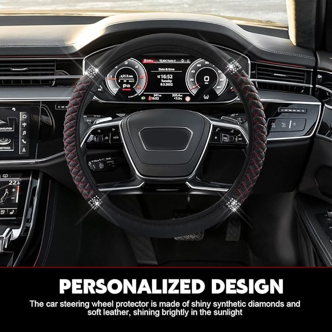 Car Steering Wheel Cover, Steering Wheel Accessories, Breathable Microfiber Leather Auto Wheels Protector, Universal 15 Inch Anti-Slip Protector for SUV Sedan Truck (Bling-Black&Red)