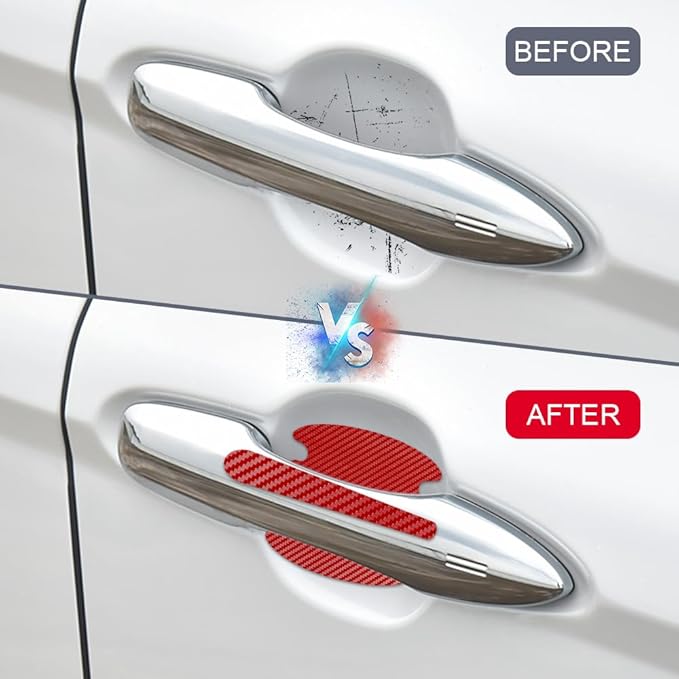 8PCS Car Door Handle Scratch Protector, Car Door Handle Sticker, Carbon Fiber Auto Doors Handles Paint Guard Cover, Waterproof Auto Paint Guard Protective Films Fit for Most Vehicles (Red)