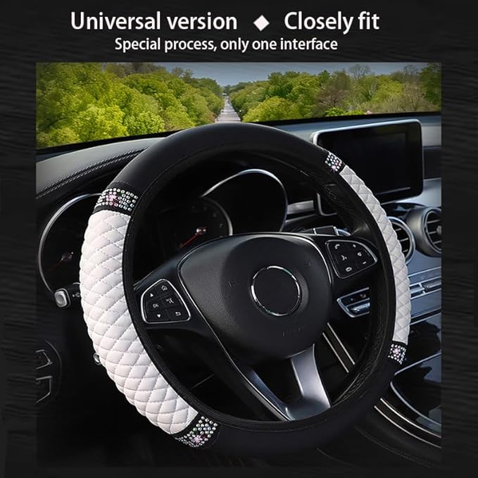 WLERIR Microfiber Leather Steering Wheel Cover with Anti-Slip Lining Universal Car Accessory for Steering Wheel with a Diameter of 14.5-15 inch (White)