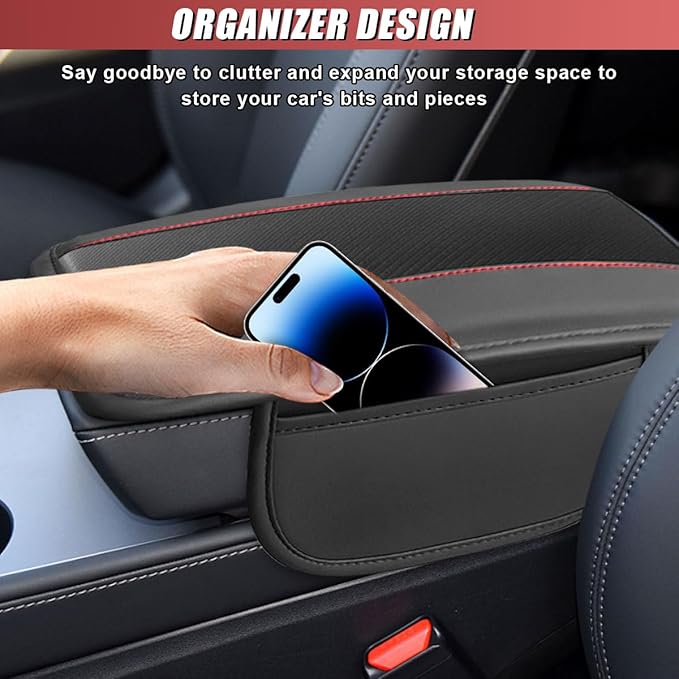 Car Center Console Cover, Carbon Fiber Leather Car Armrest Cover Protector, Auto Middle Console Support Pad with Side Storage, Universal Storage Box Cushion for Most Vehicle Interior (Black)