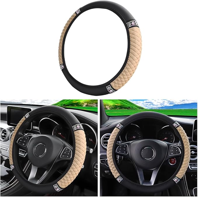 Leather Car Steering Wheel Cover, 15 Inch Colorful Rhinestones Elastic Auto Steering Wheel Protector, Bling Steering Wheel Cover for Women Men, Car Accessories for Cars, Vehicles, SUVs (Beige)