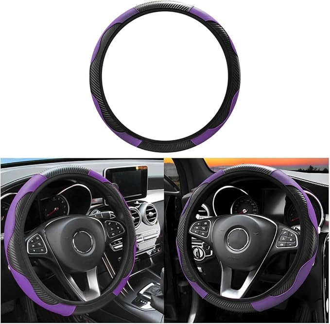 Car Steering Wheel Cover, 15 inch Carbon Fiber Microfiber PU Leather Elastic Steering Wheel Protector for Men Women, Anti-Slip Breathable Car Interior Accessories for Most Cars (Purple)