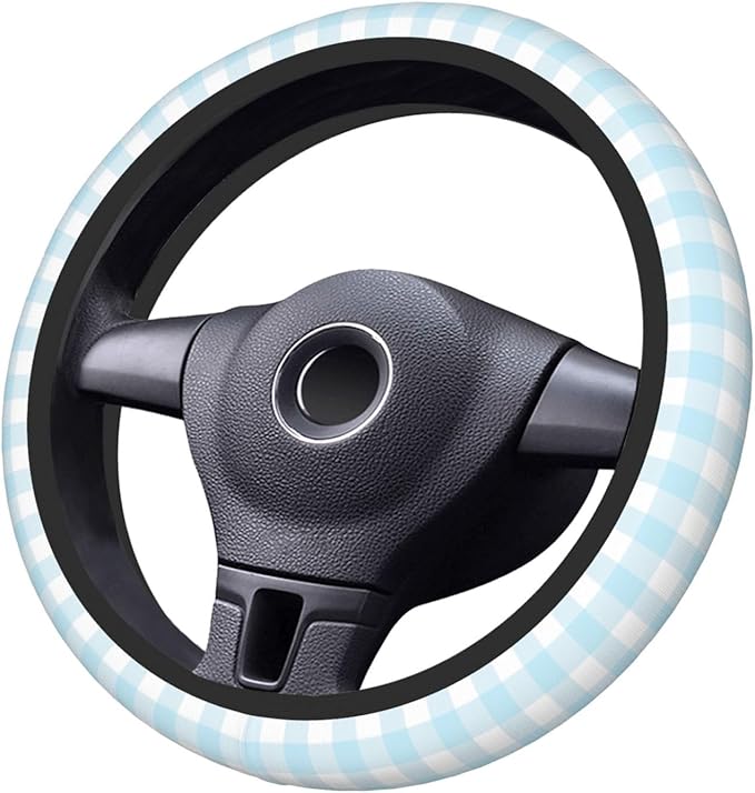 Thickened Elastic Steering Wheel Cover, Baby Boy Pastel Blue Gingham Plaid Ultra, Soft, Breathable, Fit for Cars, SUVs, Trucks, Stylish Comfortable Grip