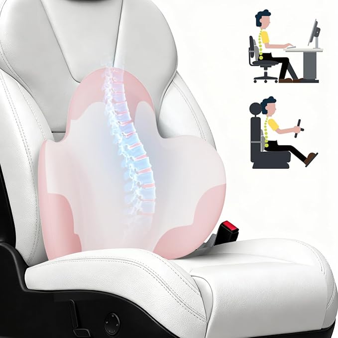 Lumbar Support Pillow for Office Chair, Car Back Support with Memory Foam, Support for Lower Back Pain Relief Lumbar Pillows, Ergonomic Back Cushion for Desk Chair, Sofa, Bed, Car Seat (Pink/White)