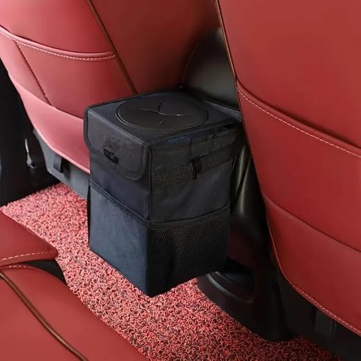 Cute Car Trash Can with Lid – Multipurpose Collapsible Trash Bin for Car, Leak-Proof Organizer, Waterproof Garbage Can with Storage Pockets & Adjustable Straps, 2 Gallons (Black)